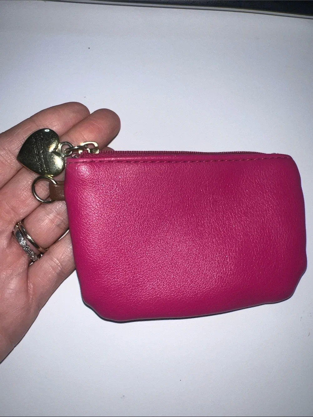 Juicy Couture Hot Pink Leather Zip Pouch with Gold Heart Charm
